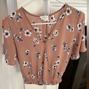 Pink Floral V-Neck Short Sleeve Blouse